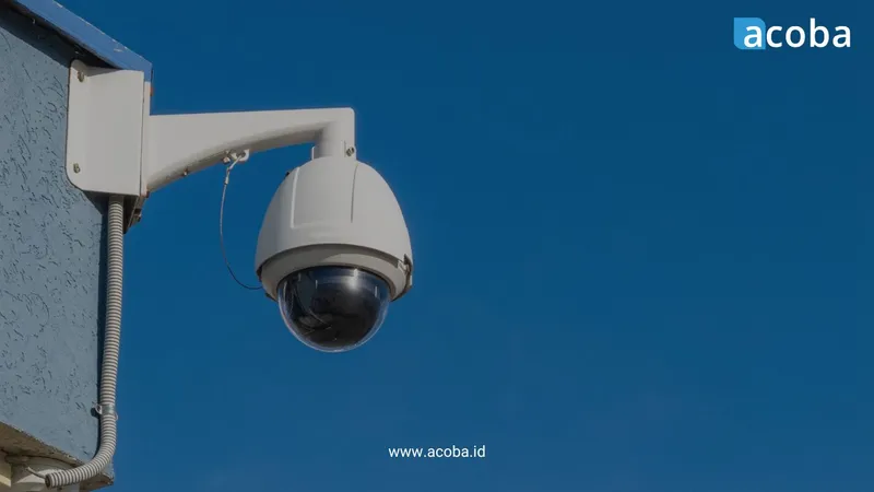Kamera CCTV PTZ putih terpasang di dinding gedung dengan latar langit biru