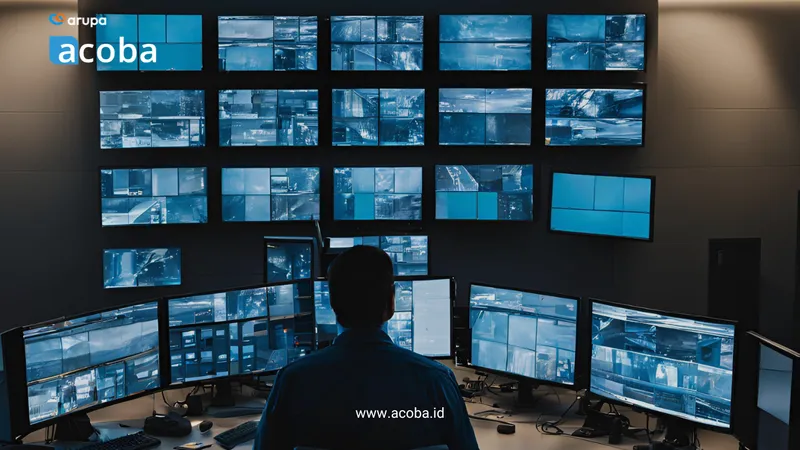 Petugas memantau dinding monitor berisi belasan tayangan kamera CCTV di ruang kontrol