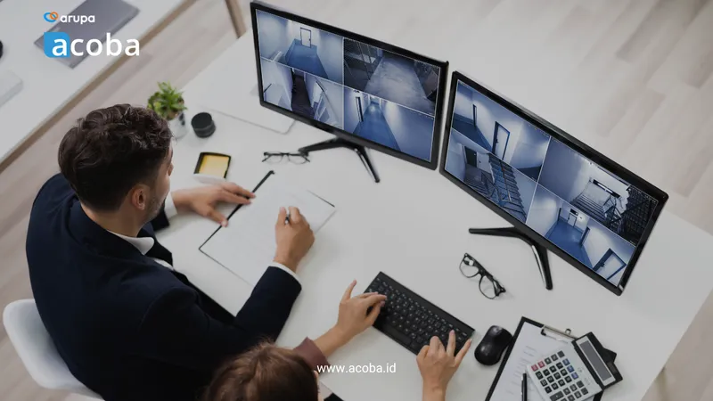 Seorang pria memantau dua layar berisi tayangan kamera CCTV dari meja kerjanya