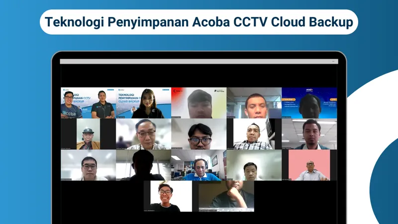 Materi webinar Acoba Indonesia bertajuk Teknologi Penyimpanan Acoba CCTV Cloud Backup dengan tangkapan layar peserta rapat daring