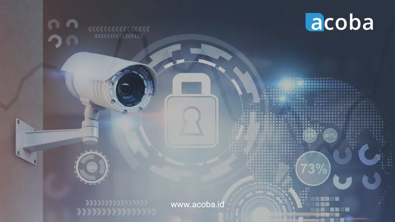 Ilustrasi kamera CCTV dengan antarmuka digital dan ikon gembok