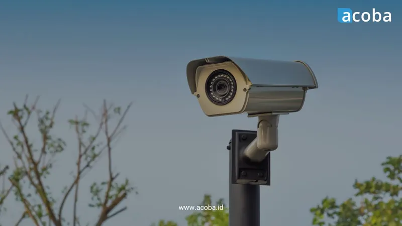 Kamera CCTV bullet terpasang pada tiang di area terbuka