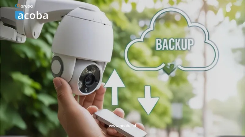 Tangan memegang kamera CCTV dengan ilustrasi awan bertuliskan BACKUP dan panah unggah unduh