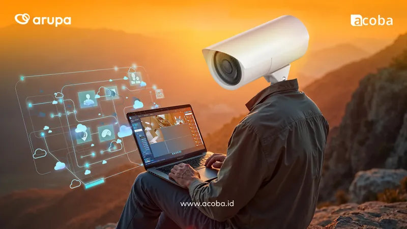 Ilustrasi seseorang mengoperasikan laptop dengan kamera CCTV besar dan ikon data di latar matahari terbenam