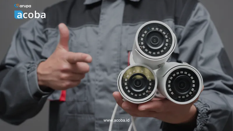 Teknisi memegang tiga kamera CCTV dome sambil mengacungkan jempol