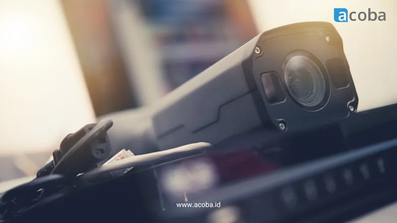 Kamera CCTV di atas meja kerja dengan keyboard di latar belakang