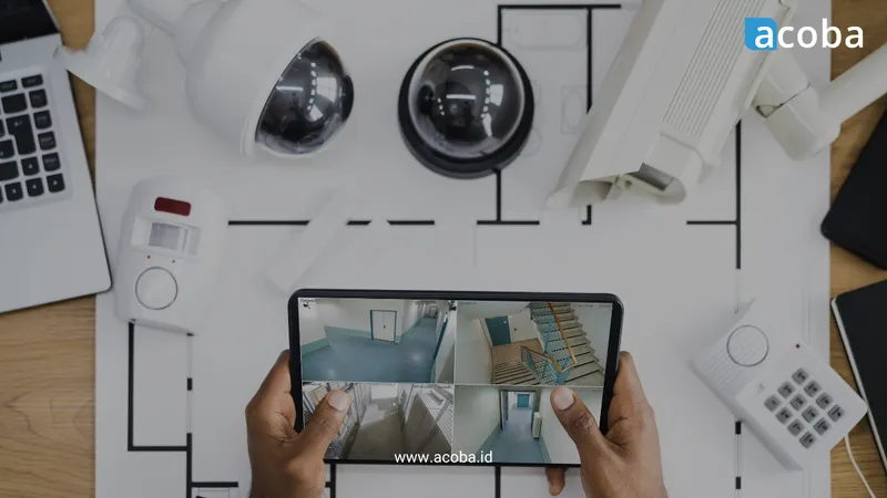 Tangan mengoperasikan tablet berisi tayangan CCTV, dikelilingi perangkat kamera di atas meja