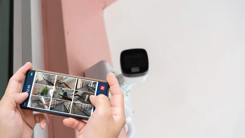 Tangan memegang ponsel yang menampilkan tayangan enam kamera CCTV, dengan kamera terpasang di dinding