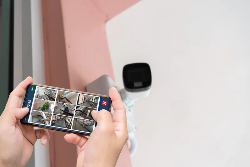 Tangan memegang ponsel yang menampilkan tayangan enam kamera CCTV, dengan kamera terpasang di dinding