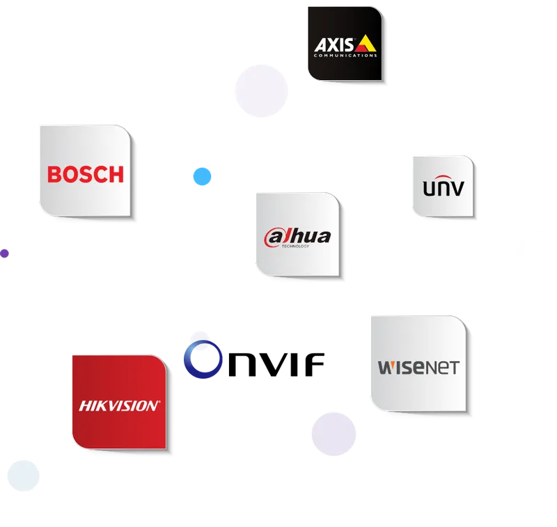 Logo merek CCTV yang didukung: Axis, Bosch, Dahua, Uniview, Hikvision, ONVIF, dan Wisenet