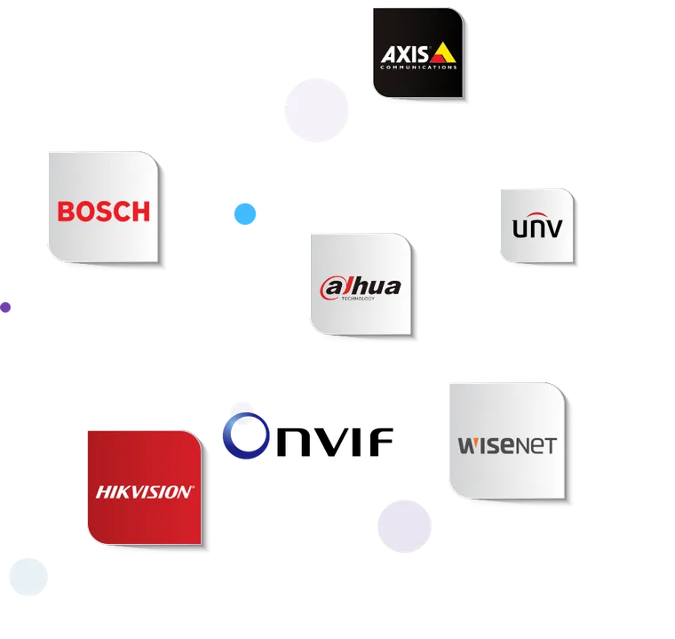 Logo merek kamera yang didukung Acoba: Axis, Bosch, Dahua, Uniview, Hikvision, Wisenet, dan standar ONVIF
