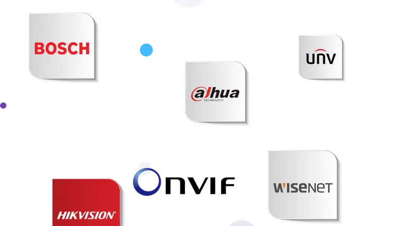 Logo merek CCTV yang didukung: Axis, Bosch, Dahua, Uniview, Hikvision, ONVIF, dan Wisenet