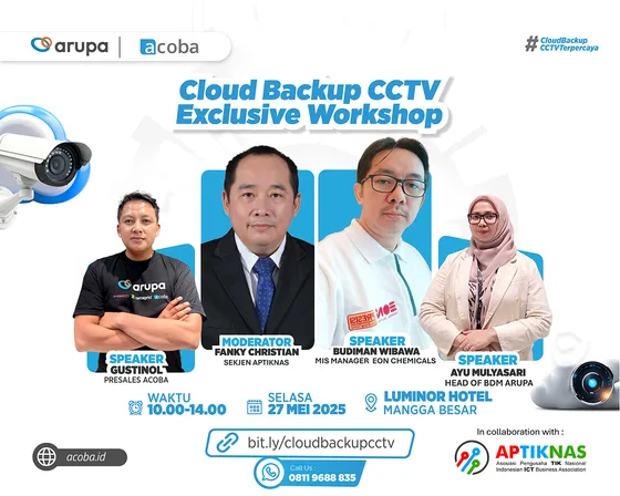 Poster Cloud Backup CCTV Exclusive Workshop Acoba, Selasa 27 Mei 2025 di Luminor Hotel Kota Jakarta