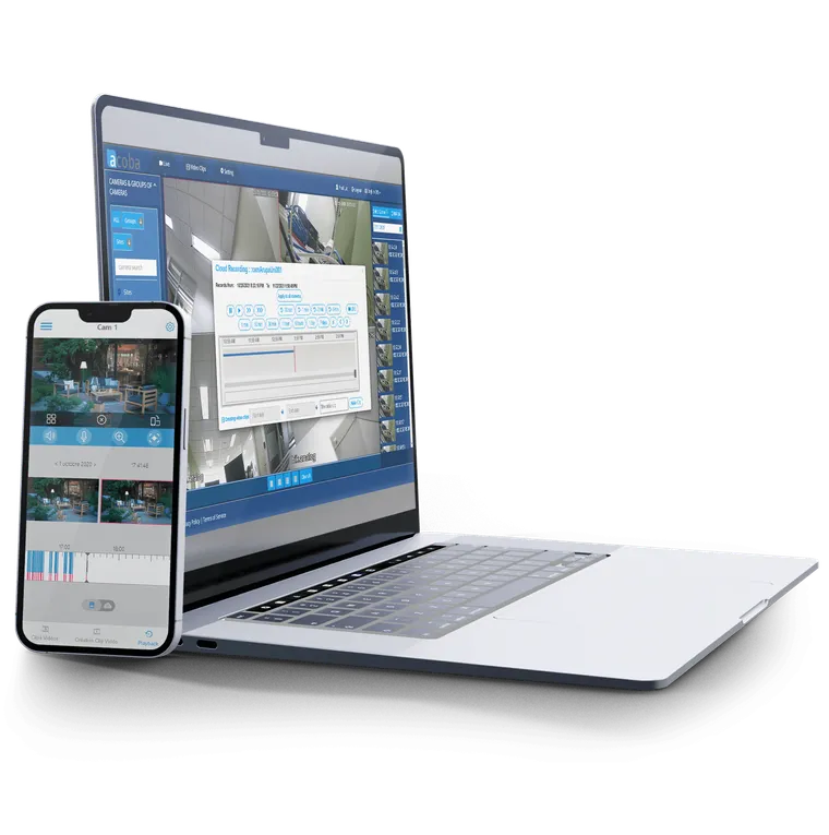 Antarmuka Acoba VMS di laptop dan ponsel, menampilkan daftar kamera, panel cloud recording, dan playback rekaman